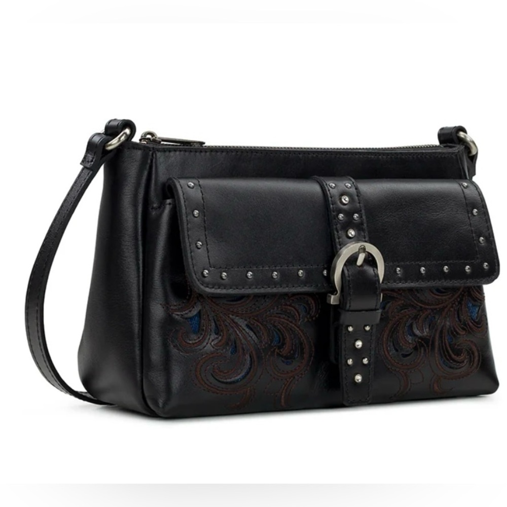 NWT $189 Patricia Nash Montana Leather Maisie Flap Crossbody Black Lux Ranch